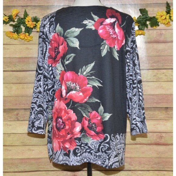 Alfred Dunner Ladies M Knit Top Tunic Black & Red Floral V-Neck Pullover Blouse - Picture 9 of 11